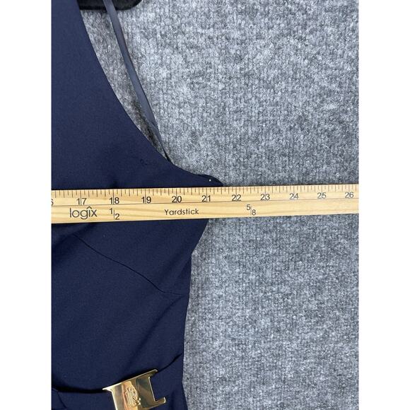 Ralph Lauren Crepe Sleeveless Dress Navy Blue Midi Gold Plated Logo Size 16 - Picture 5 of 16